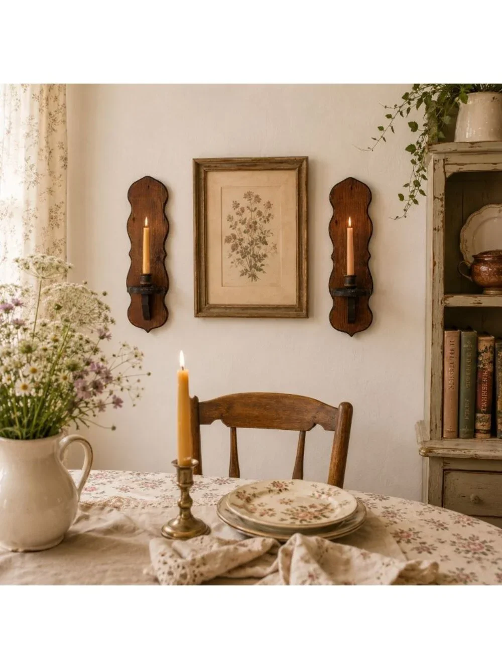 Wood Wall Candle Sconces Pair Colonial Early American Farmhouse Vtg Country Deco